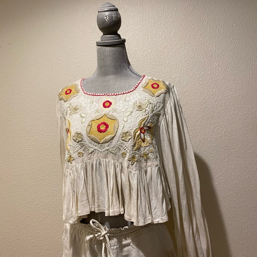 Embroidered Cream Top with Floral Accents